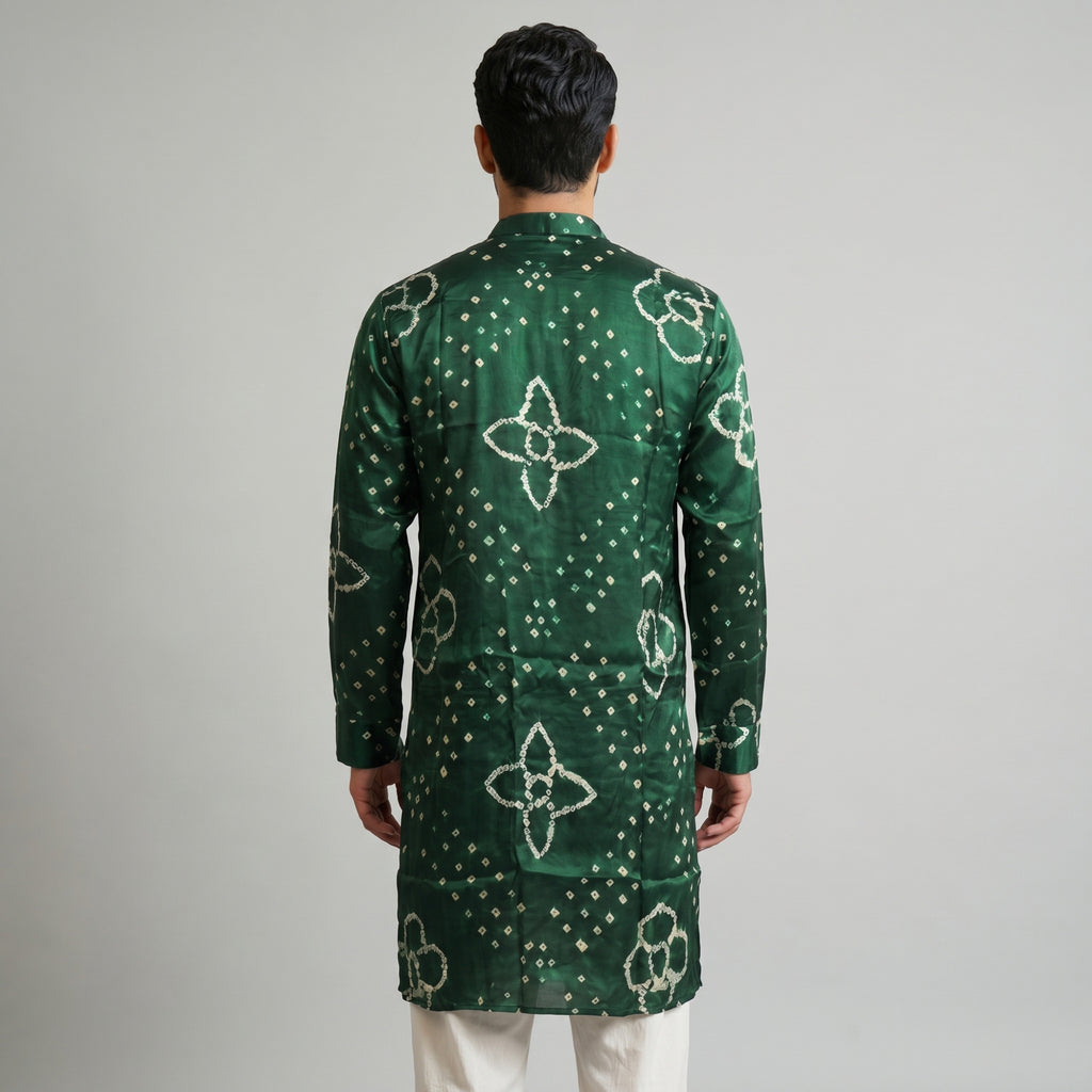 Men’s Elegant Emerald Green Bandhani Kurta – Pure Ghaji Silk(2709)