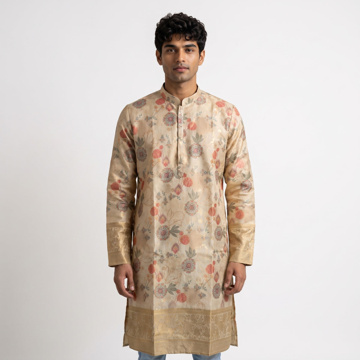 Beige Floral Jacquard Silk Kurta Set(50051)