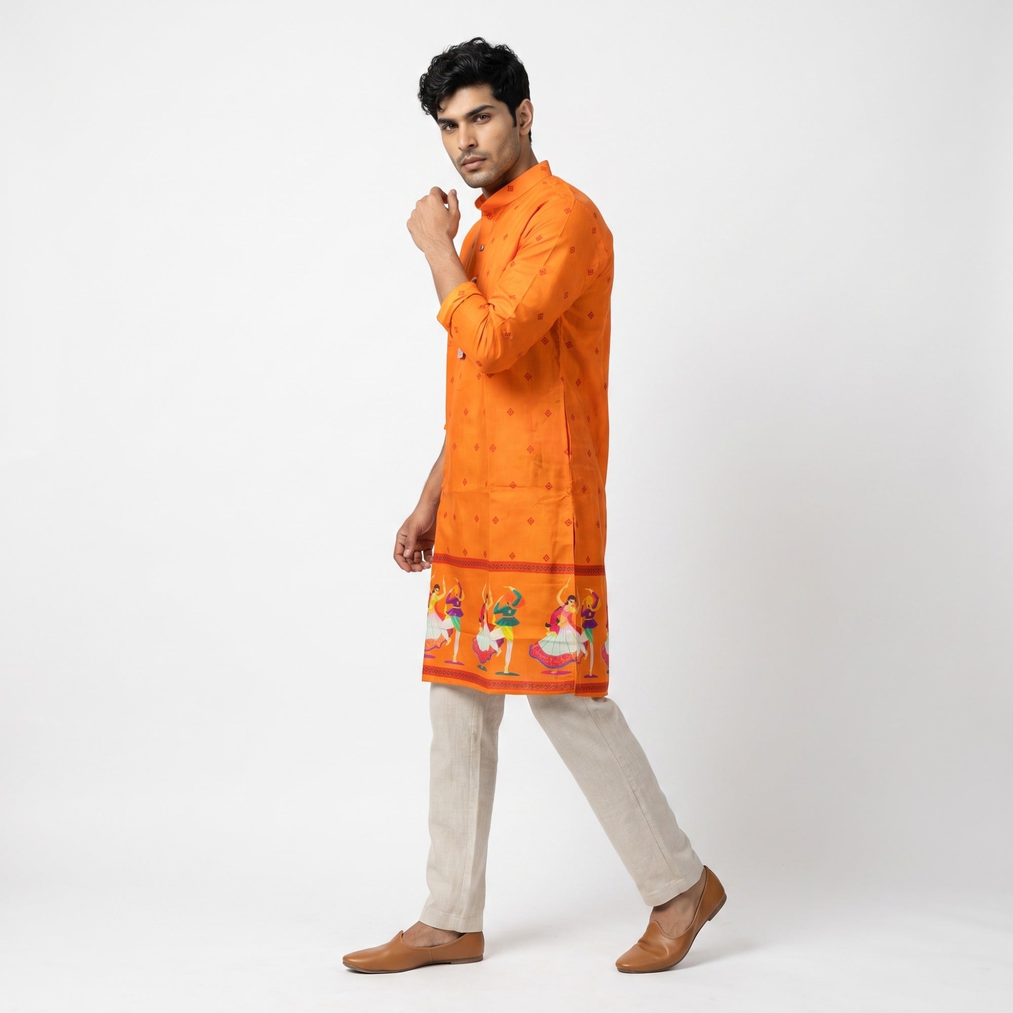 Tangerine Orange Festive Garba Print Kurta(1252)
