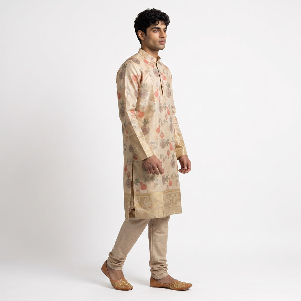 Beige Floral Jacquard Silk Kurta Set(50051)