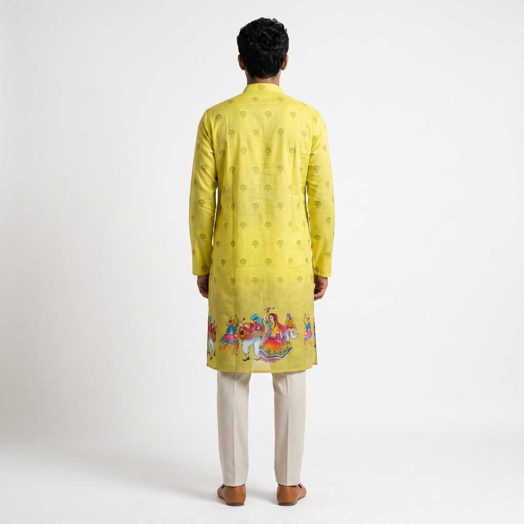 Festive Yellow Folk-Art Border Kurta(1252)