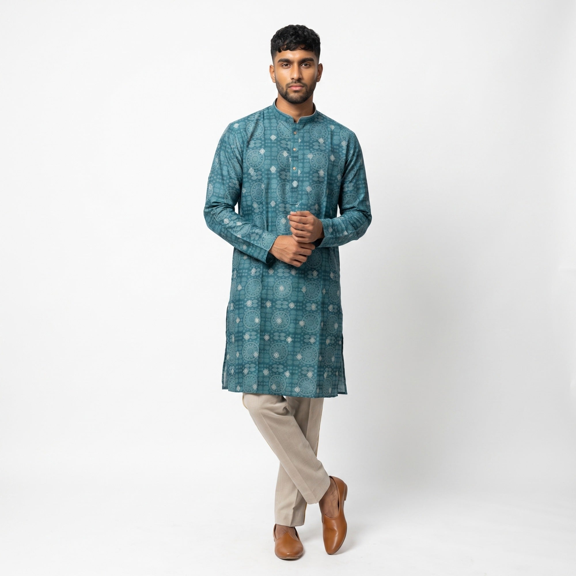 Teal Bandhani Print Long Kurta(1557)