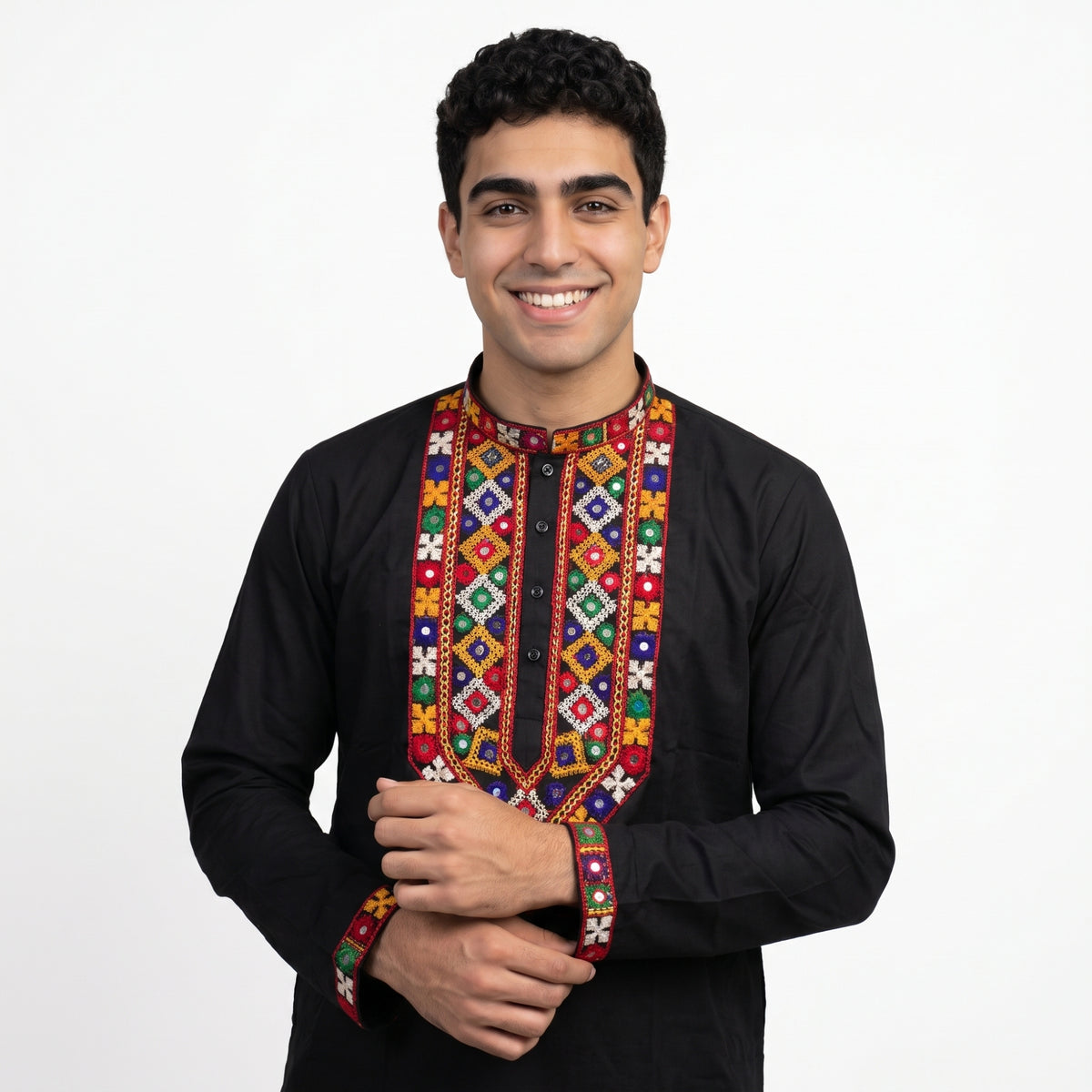 Men's Black Kutchi Embroidered  Kurta (4128)