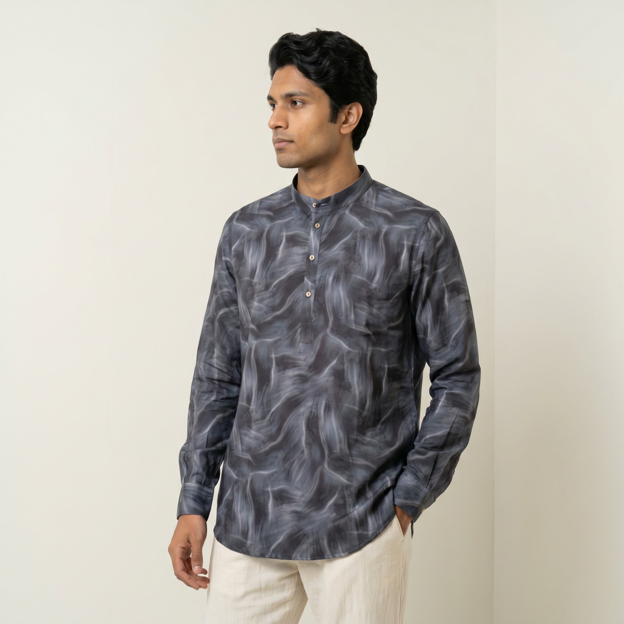 Men's Charcoal Abstract Print Short Kurta (1395)