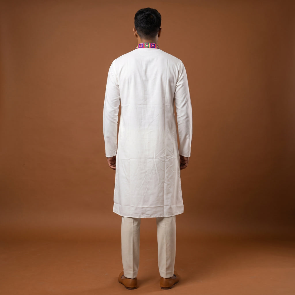 Pristine White Kurta with Vibrant Folk Embroidery (4123)