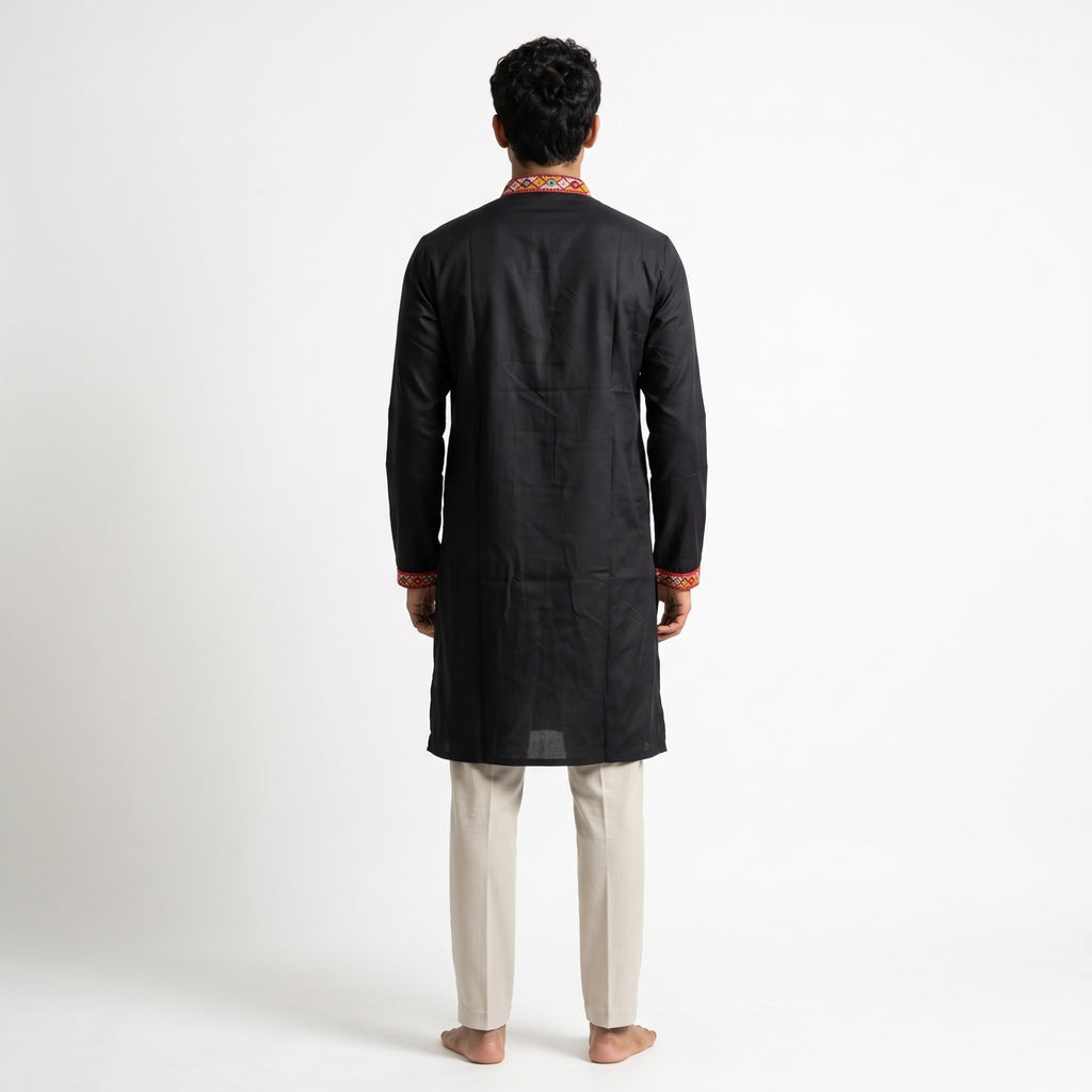 Jet Black Kurta with Multi-Color Geometric Yoke Embroidery (4129)