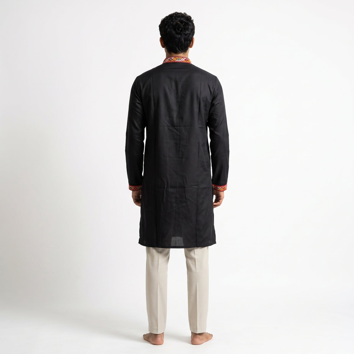 Jet Black Kurta with Multi-Color Geometric Yoke Embroidery (4129)