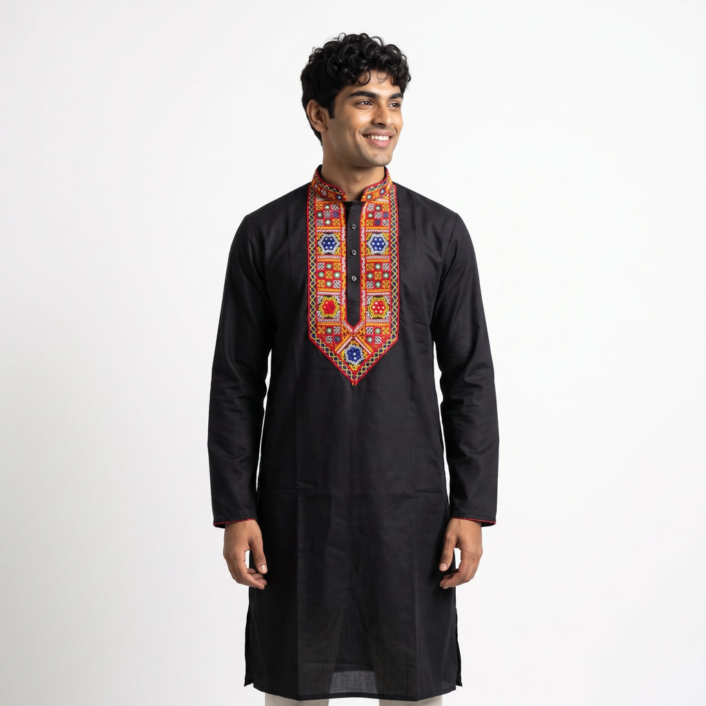 Jet Black Kurta with Multi-Color Geometric Yoke Embroidery (4129)