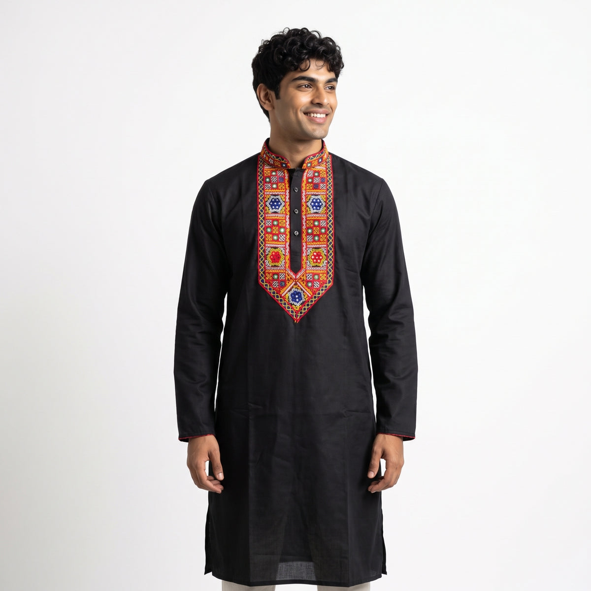 Jet Black Kurta with Multi-Color Geometric Yoke Embroidery (4129)