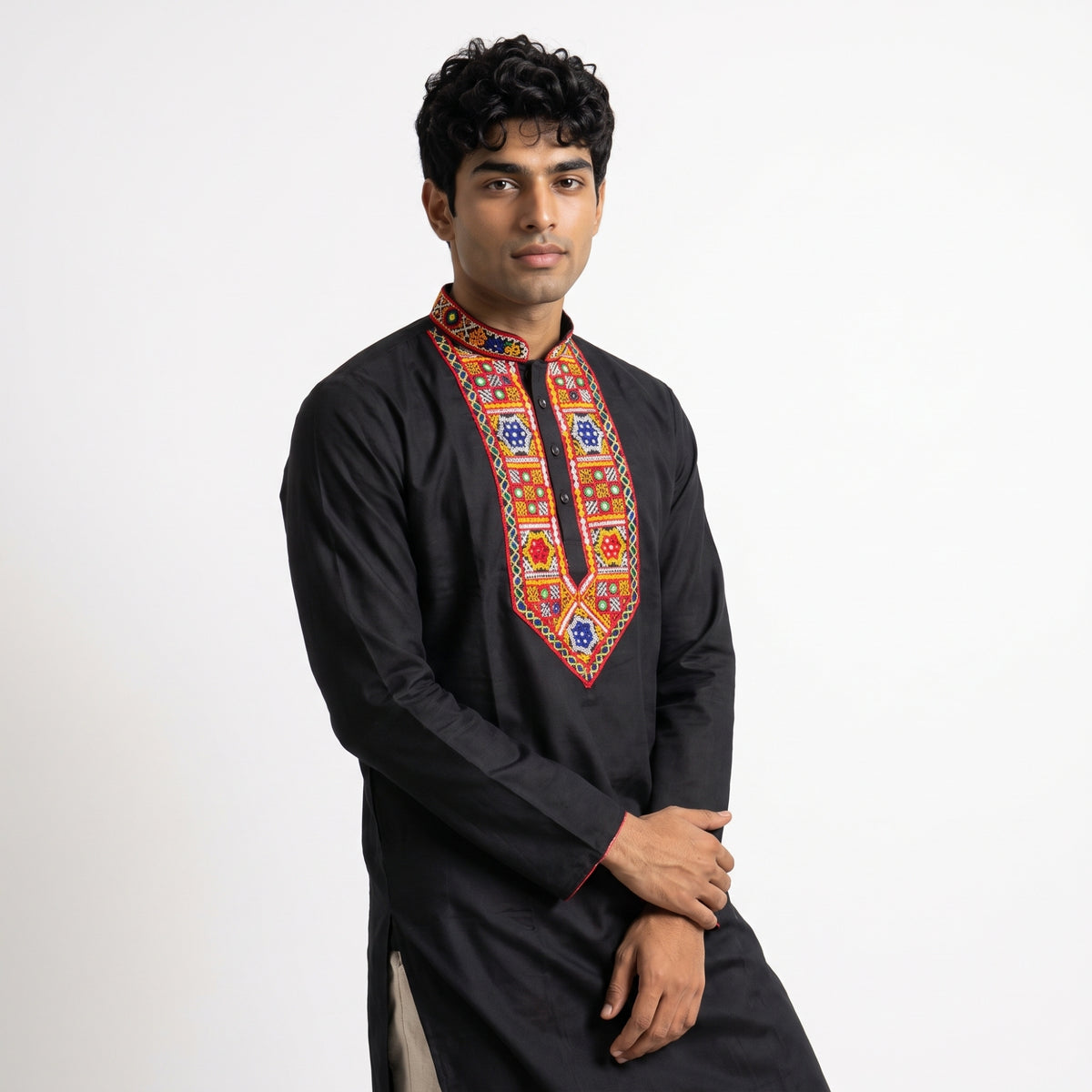 Jet Black Kurta with Multi-Color Geometric Yoke Embroidery (4129)