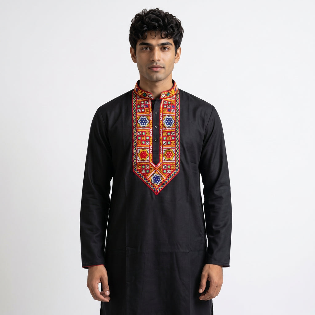Jet Black Kurta with Multi-Color Geometric Yoke Embroidery (4129)