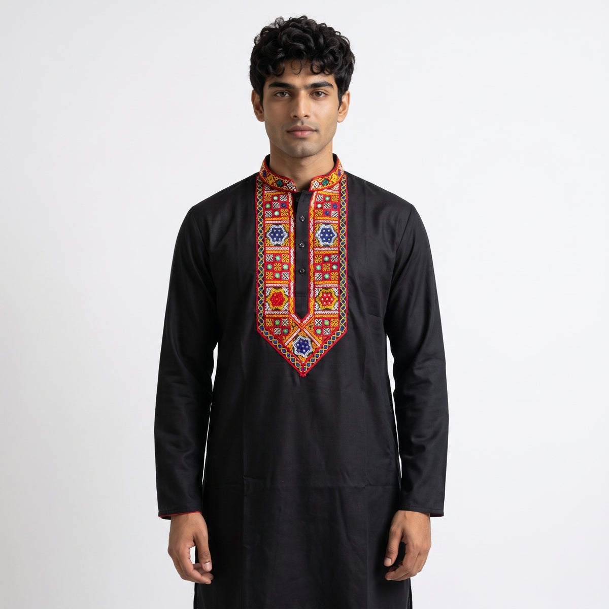 Jet Black Kurta with Multi-Color Geometric Yoke Embroidery (4129)