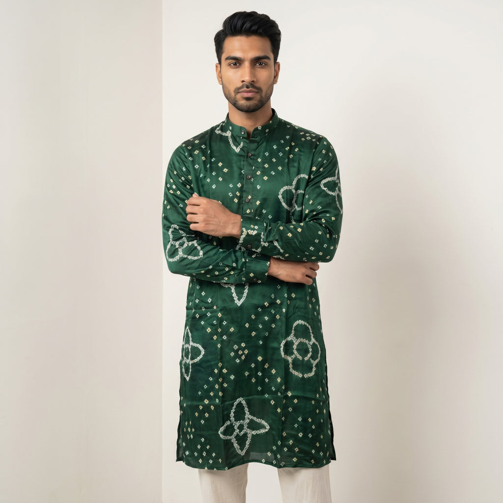 Men’s Elegant Emerald Green Bandhani Kurta – Pure Ghaji Silk(2709)
