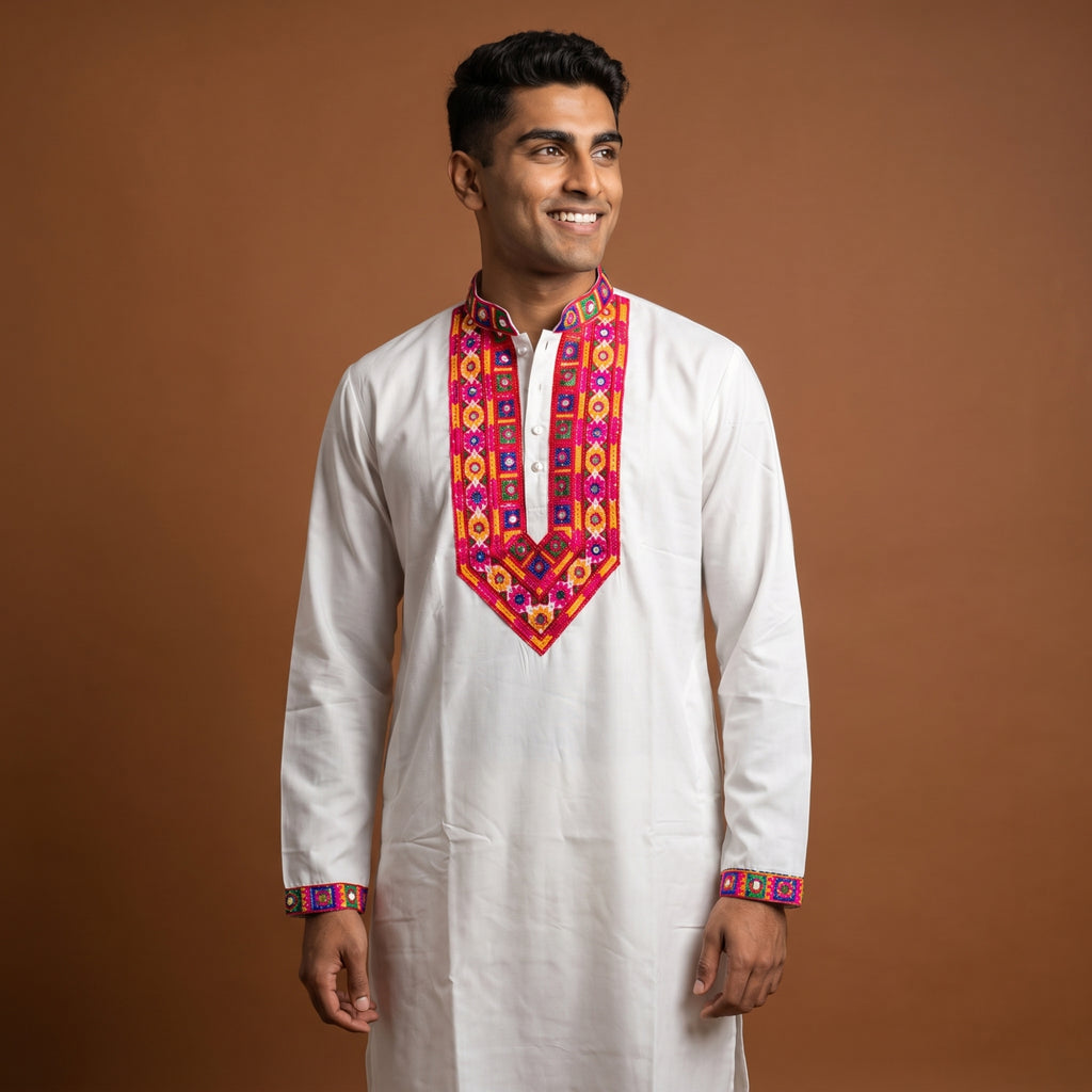 Pristine White Kurta with Vibrant Folk Embroidery (4123)