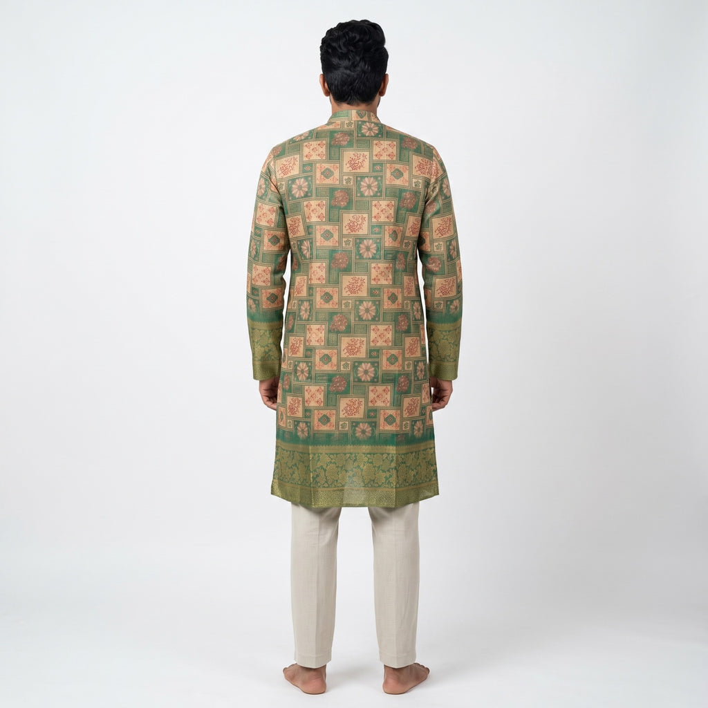 Emerald Mosaic Floral Silk Kurta(50056)