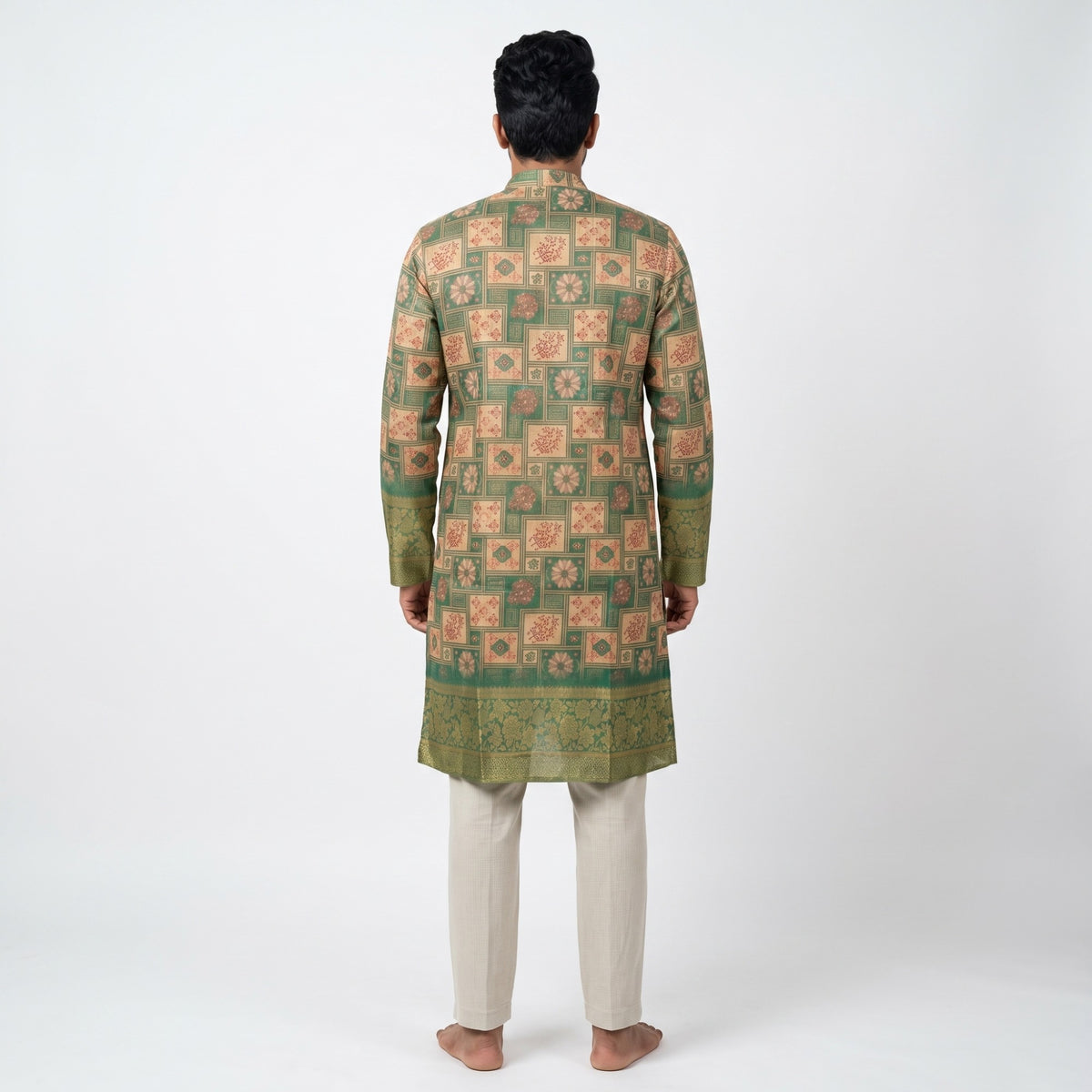 Emerald Mosaic Floral Silk Kurta(50056)