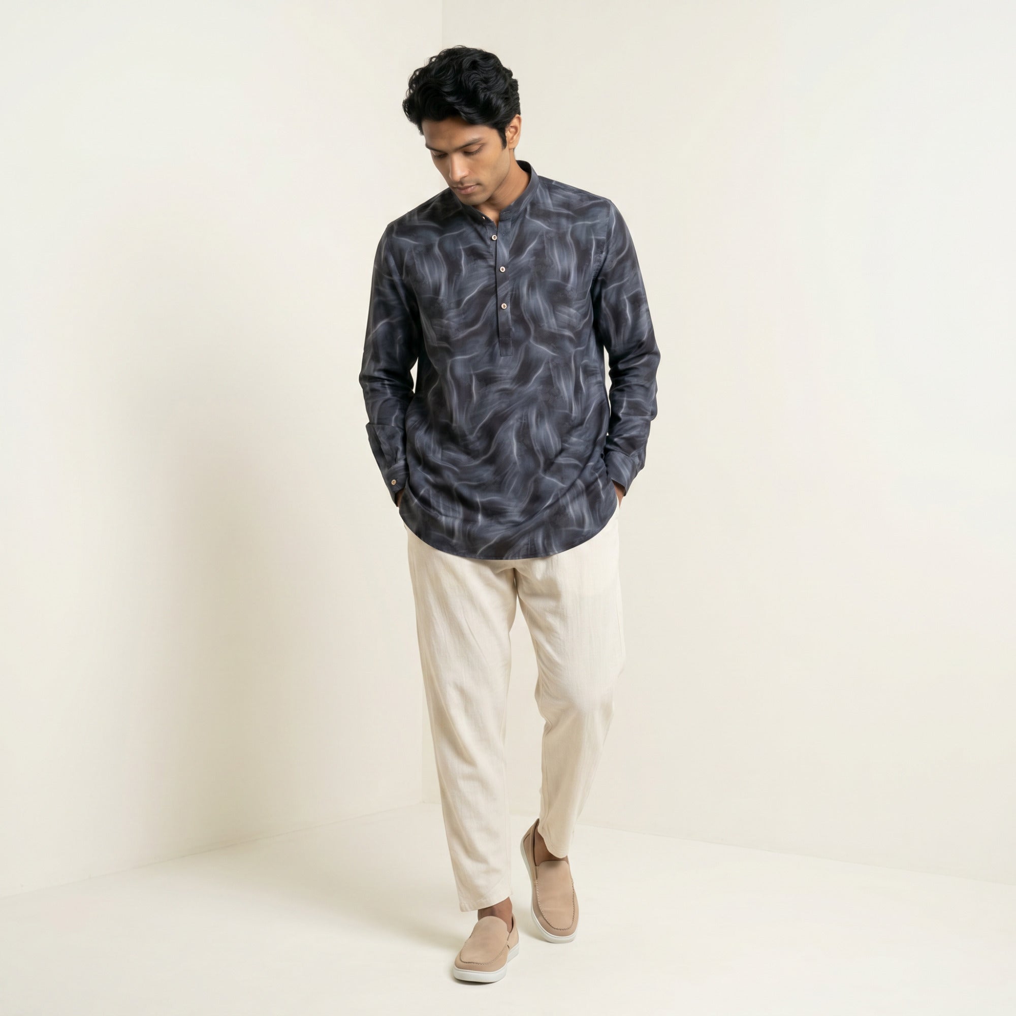 Men's Charcoal Abstract Print Short Kurta (1395)