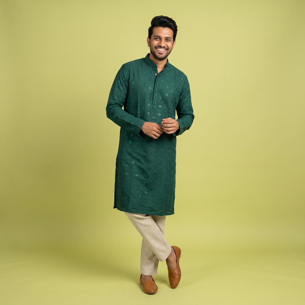 Emerald Mirror-Work Chikankari Kurta