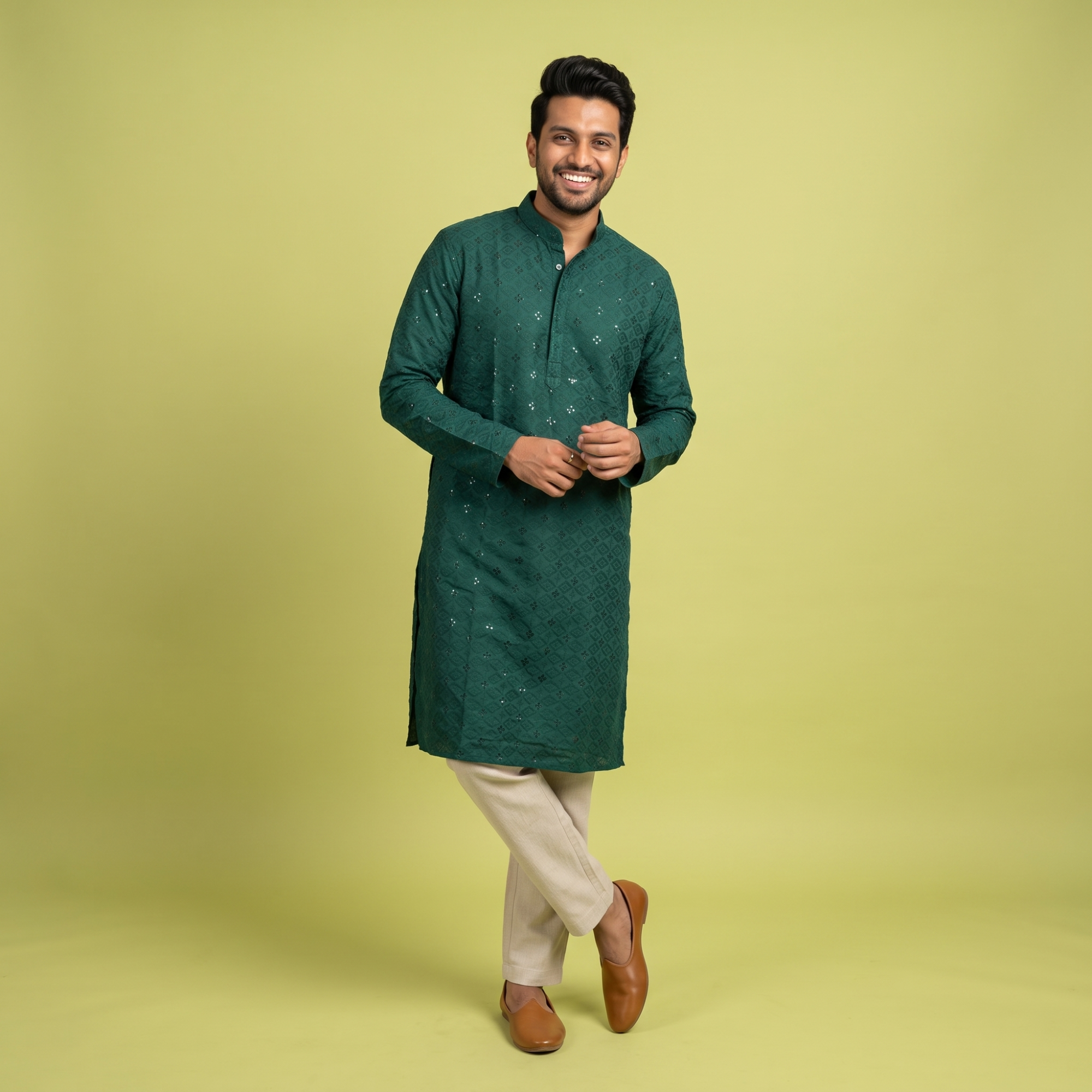 Emerald Mirror-Work Chikankari Kurta