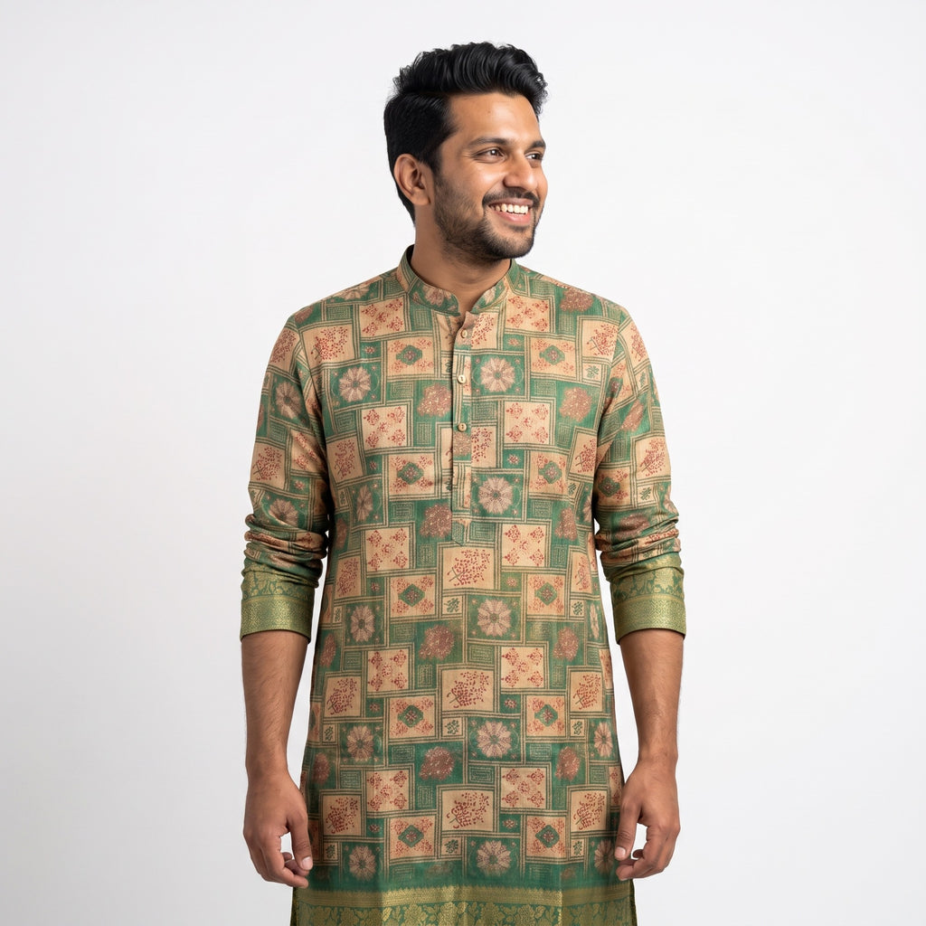 Emerald Mosaic Floral Silk Kurta(50056)
