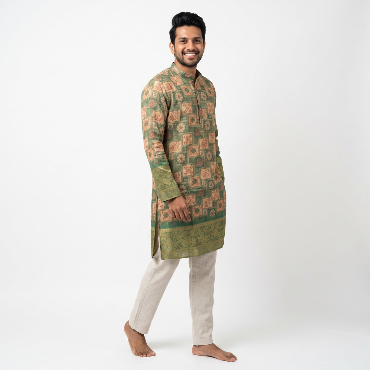 Emerald Mosaic Floral Silk Kurta(50056)