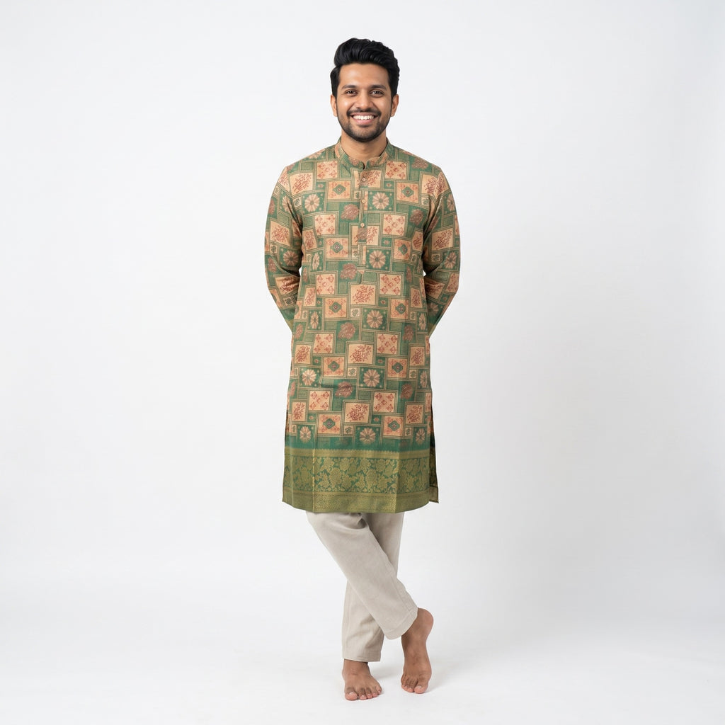 Emerald Mosaic Floral Silk Kurta(50056)