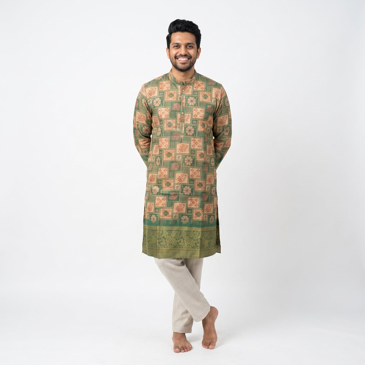 Emerald Mosaic Floral Silk Kurta(50056)