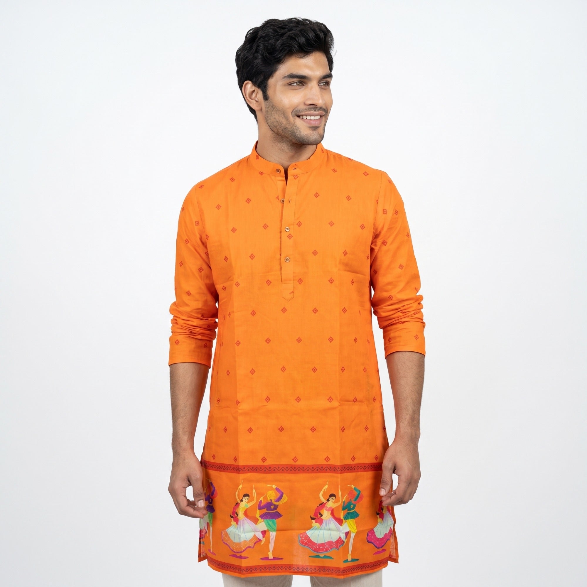 Tangerine Orange Festive Garba Print Kurta(1252)
