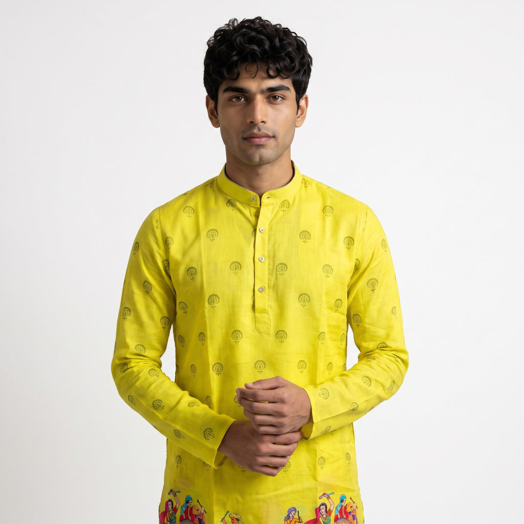 Festive Yellow Folk-Art Border Kurta(1252)