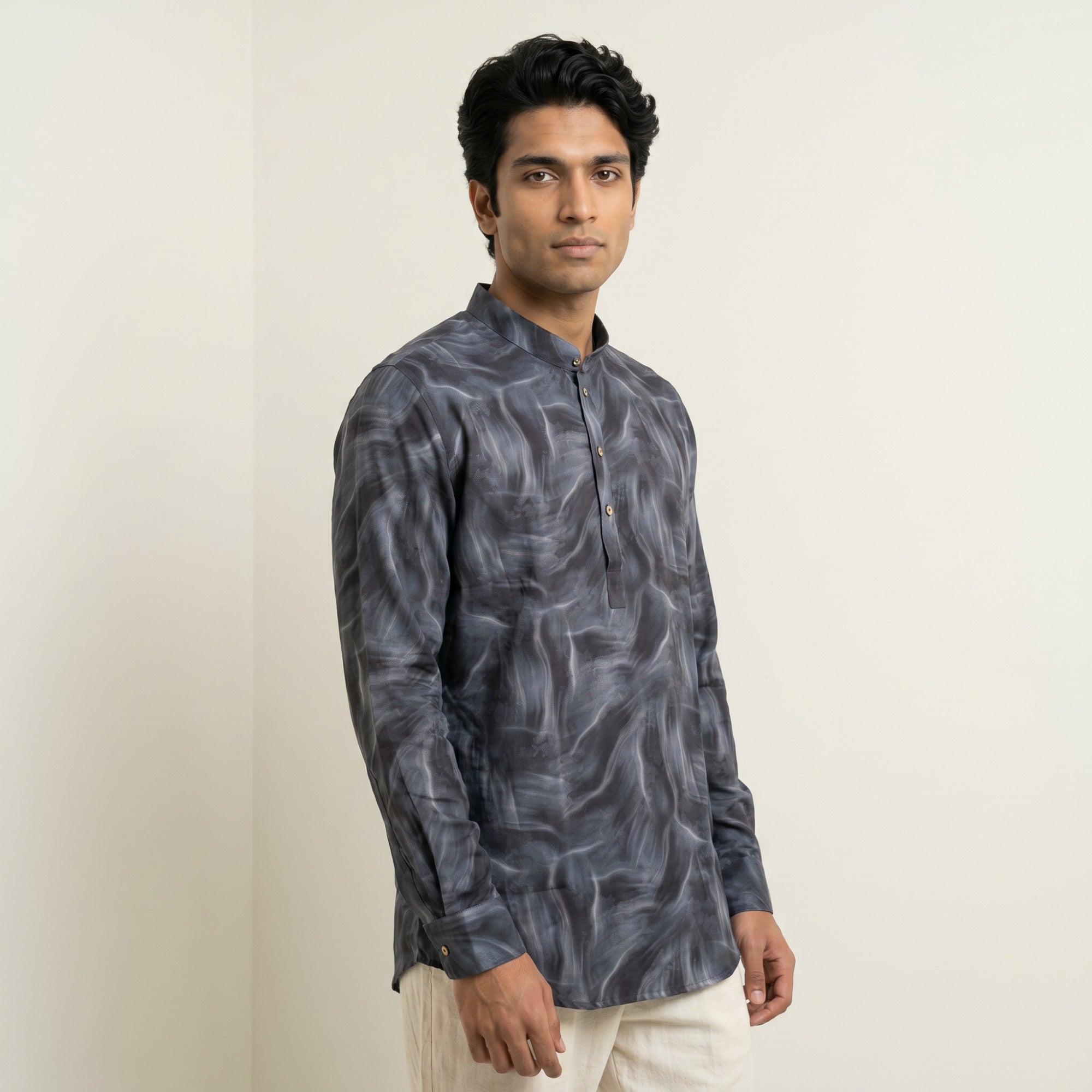 Men's Charcoal Abstract Print Short Kurta (1395)