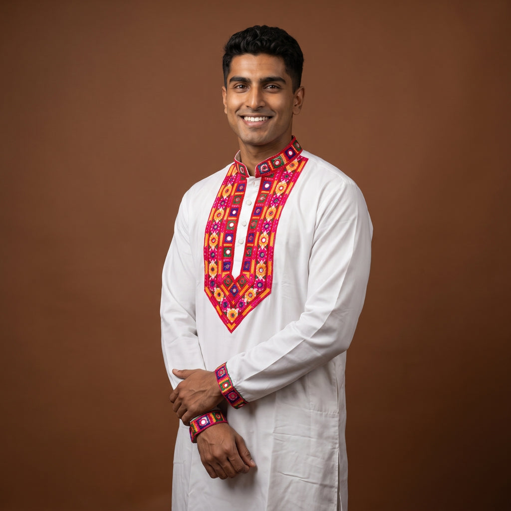 Pristine White Kurta with Vibrant Folk Embroidery (4123)