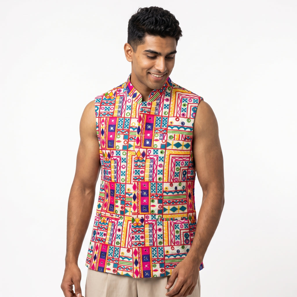 Embroidered Kutchi / Gujarati Patchwork Nehru Jacket (or Koti / Sadri)(5252)