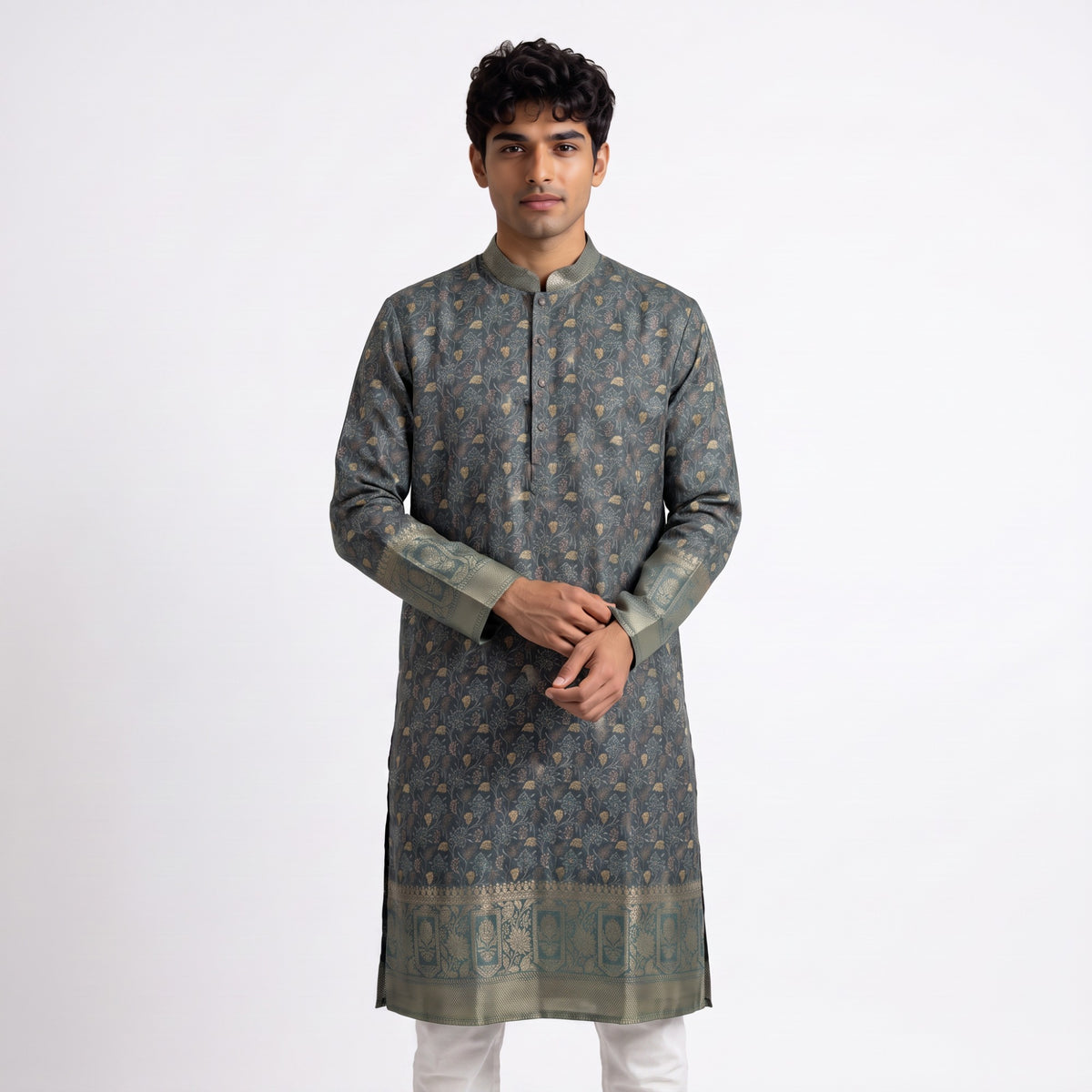 Multi-Color Grid Kurta with Zari Border(50053)
