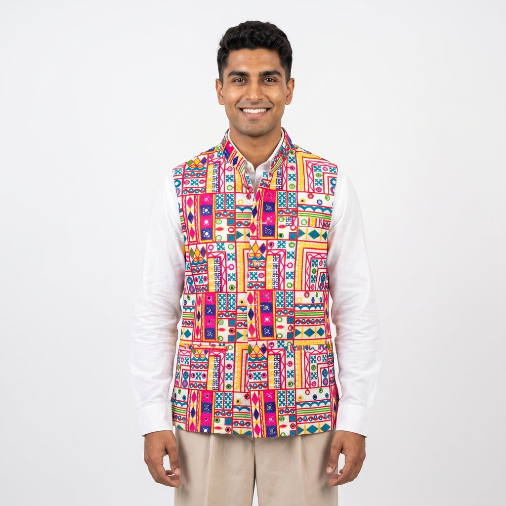 Embroidered Kutchi / Gujarati Patchwork Nehru Jacket (or Koti / Sadri)(5252)