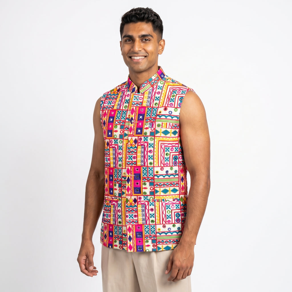 Embroidered Kutchi / Gujarati Patchwork Nehru Jacket (or Koti / Sadri)(5252)