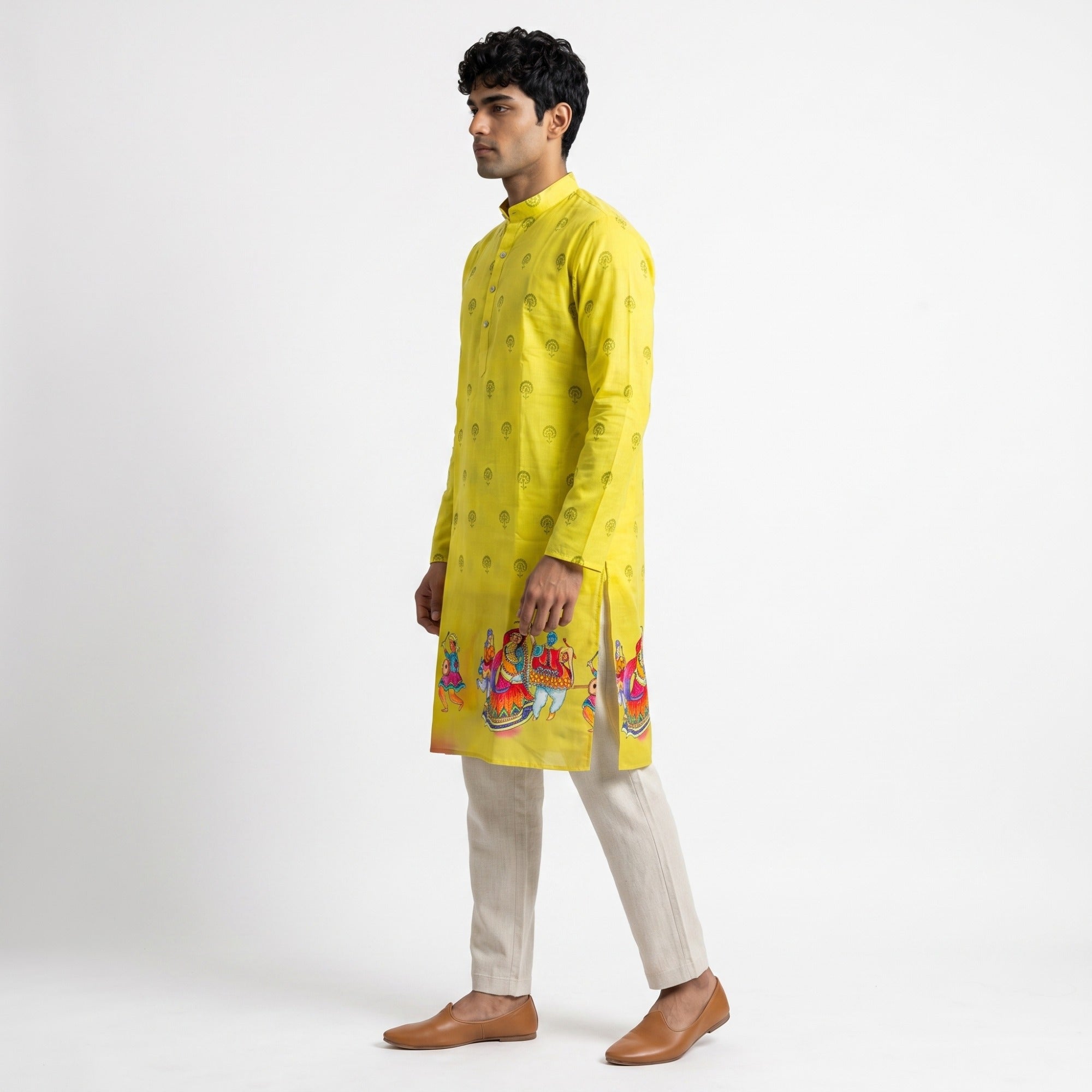 Festive Yellow Folk-Art Border Kurta(1252)