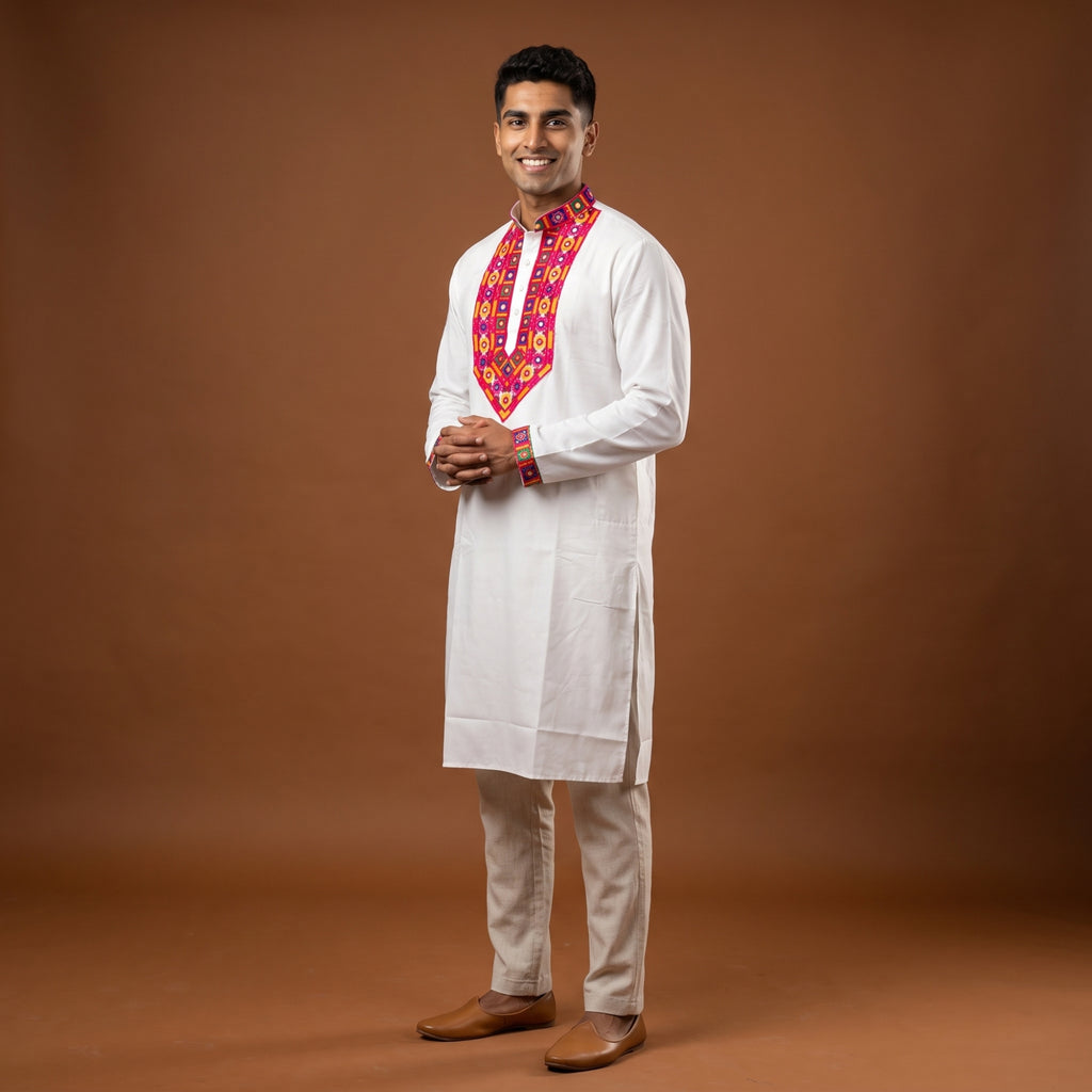 Pristine White Kurta with Vibrant Folk Embroidery (4123)