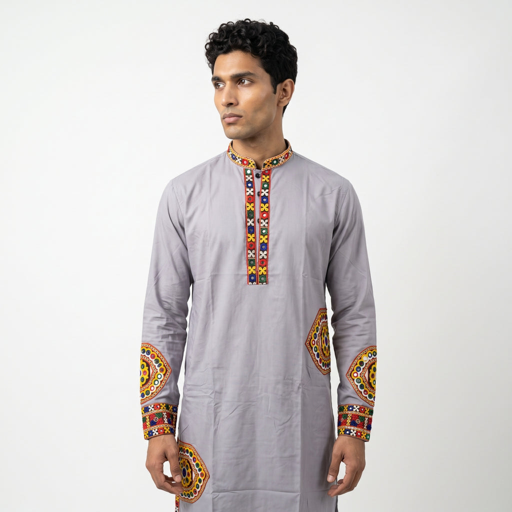 Men’s Light Purple Kutchi Embroidered Kurta (2878)