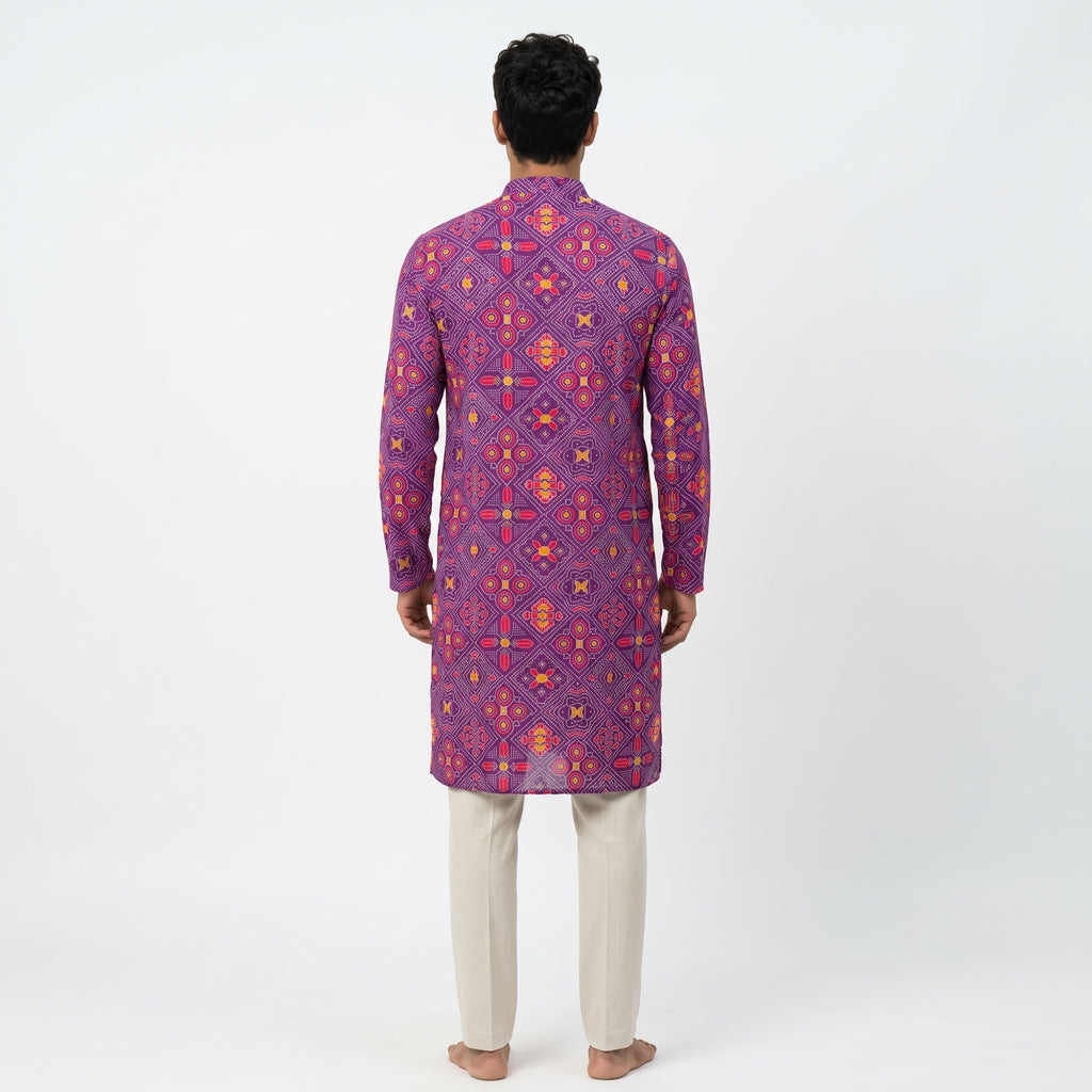 Men's Royal Purple Bandhani Printed Cotton Kurta (2228)
