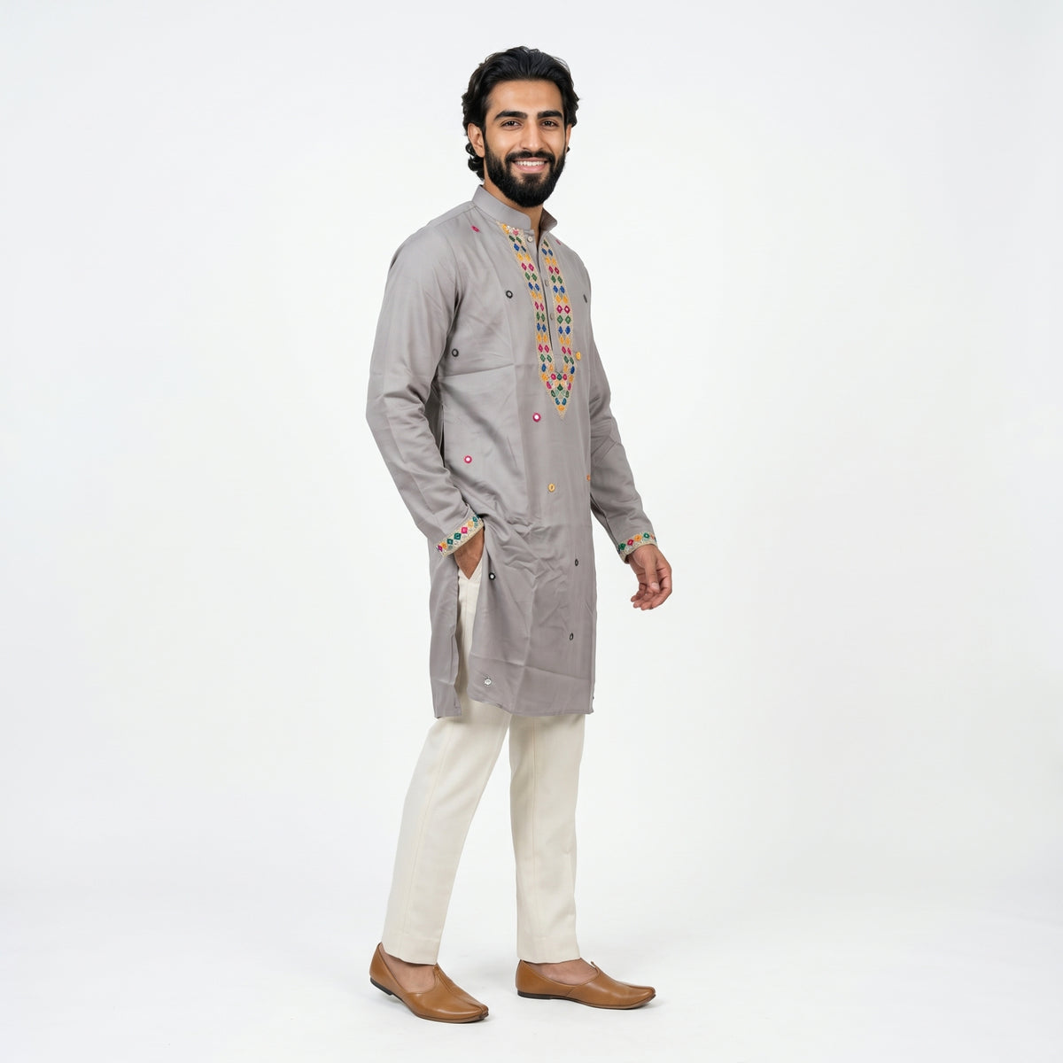 Elegant Grey Embroidered Men's Kurta (708)