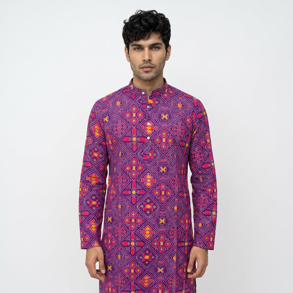 Men's Royal Purple Bandhani Printed Cotton Kurta (2228)