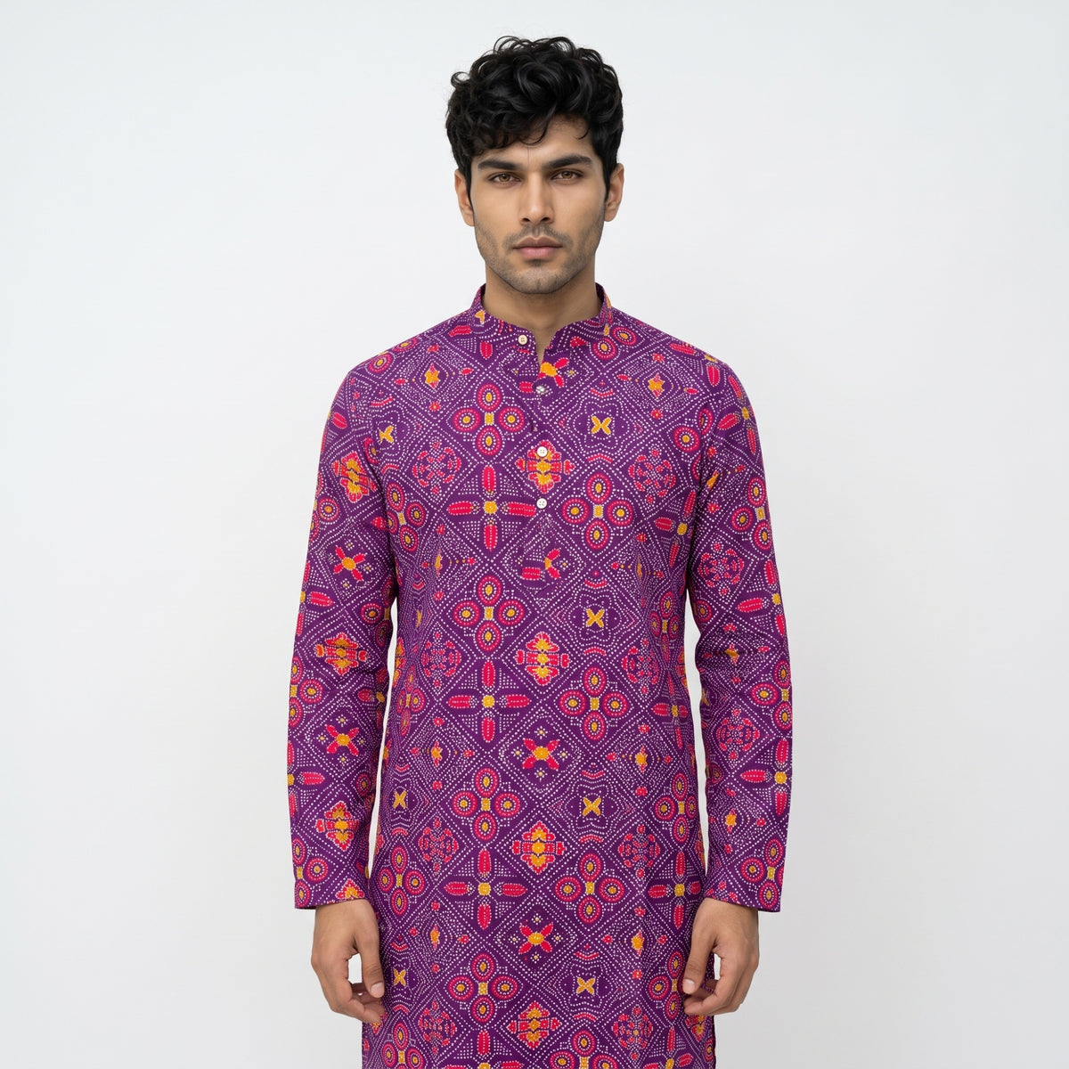 Men's Royal Purple Bandhani Printed Cotton Kurta (2228)