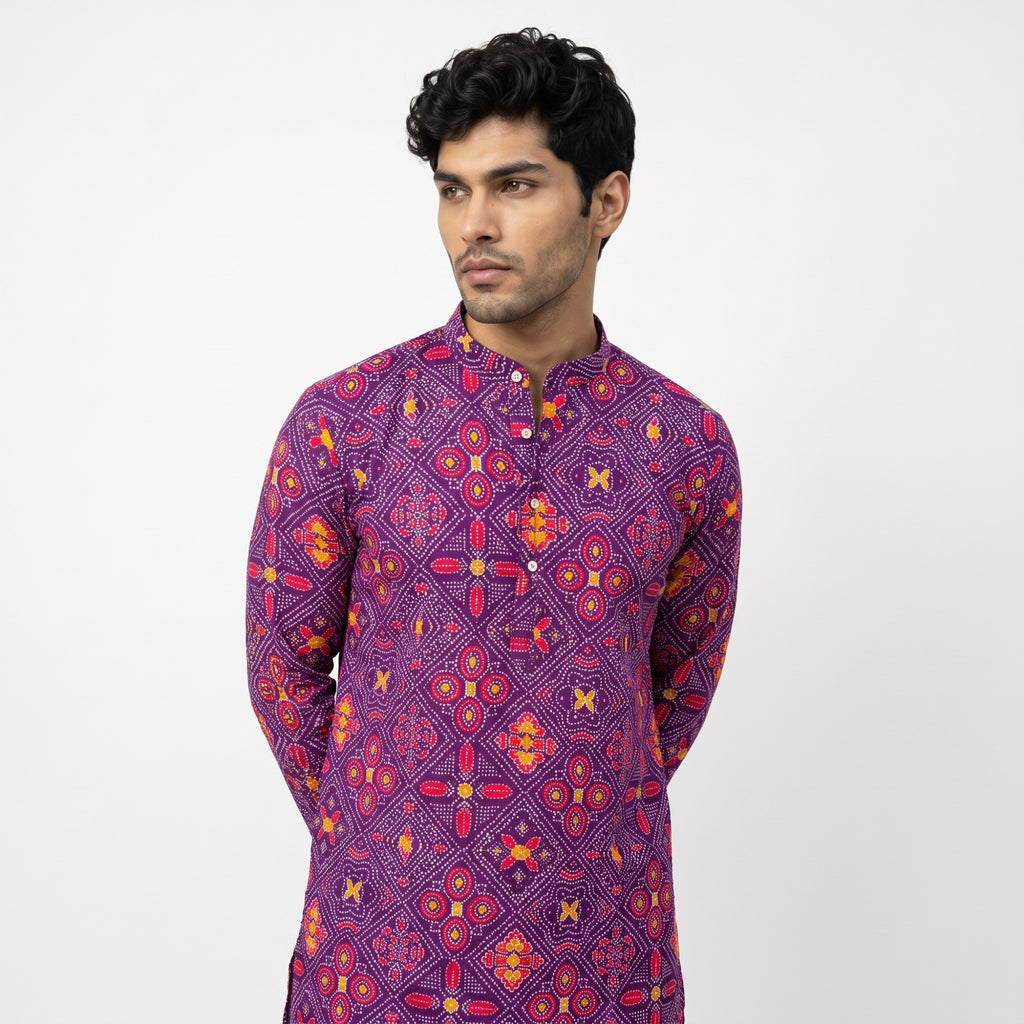 Men's Royal Purple Bandhani Printed Cotton Kurta (2228)