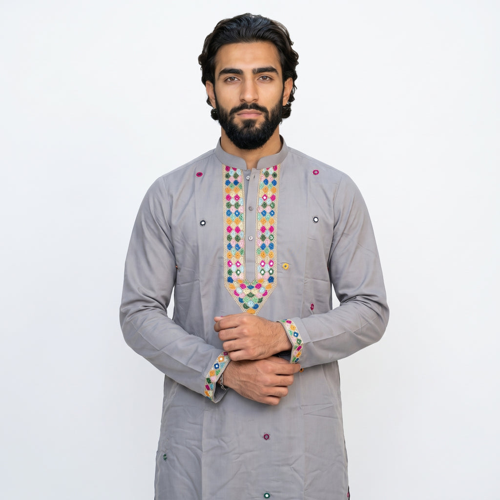 Elegant Grey Embroidered Men's Kurta (708)