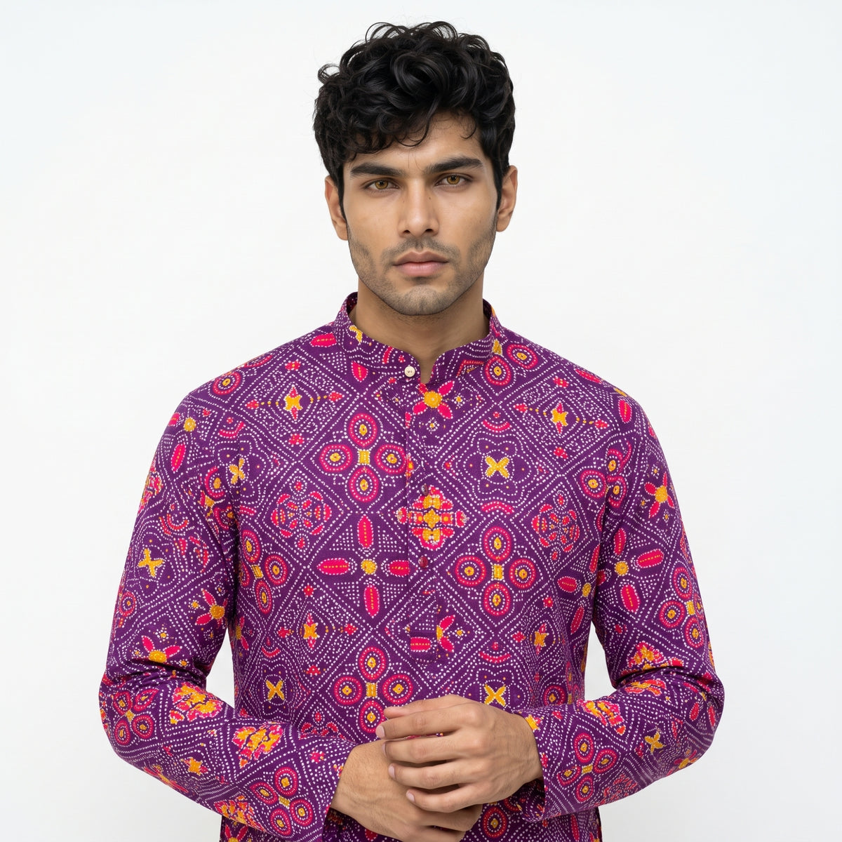 Men's Royal Purple Bandhani Printed Cotton Kurta (2228)
