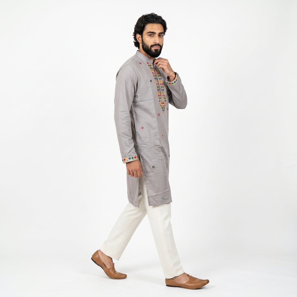 Elegant Grey Embroidered Men's Kurta (708)