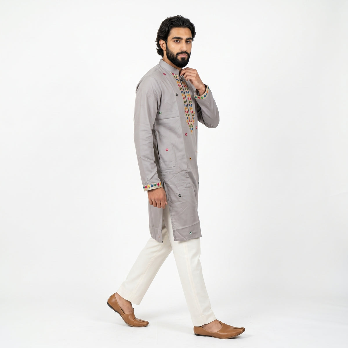 Elegant Grey Embroidered Men's Kurta (708)