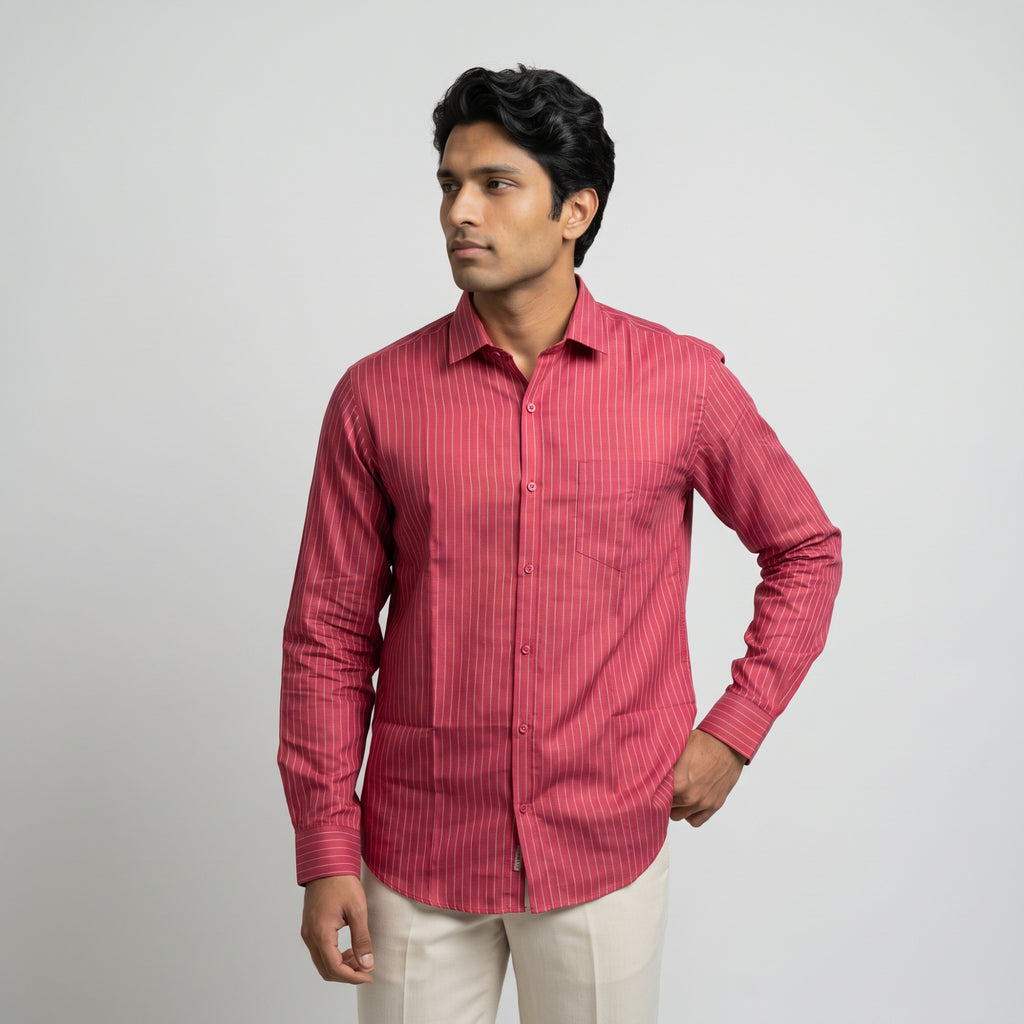 Men's Crimson Red Vertical Stripe Full Sleeve Cotton Shirt (1019)