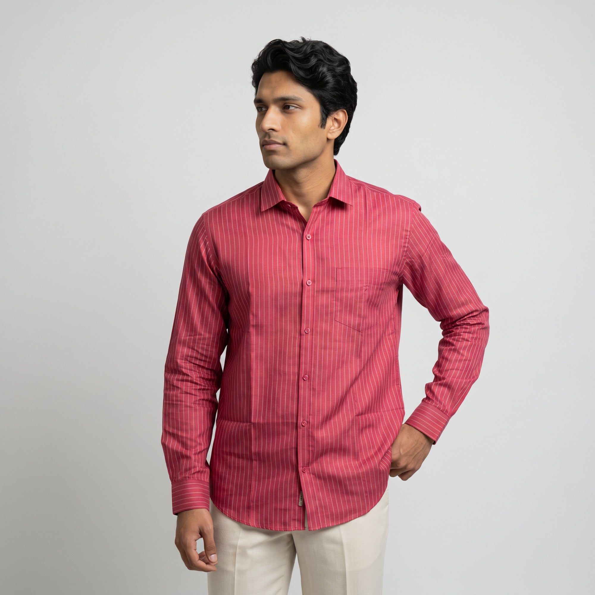 Men's Crimson Red Vertical Stripe Full Sleeve Cotton Shirt (1019)