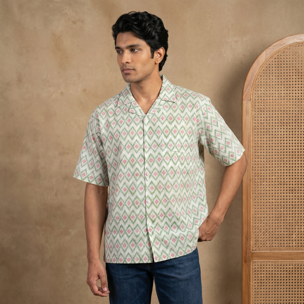 The Verdant Ikat Geometry Cotton Shirt (6412)